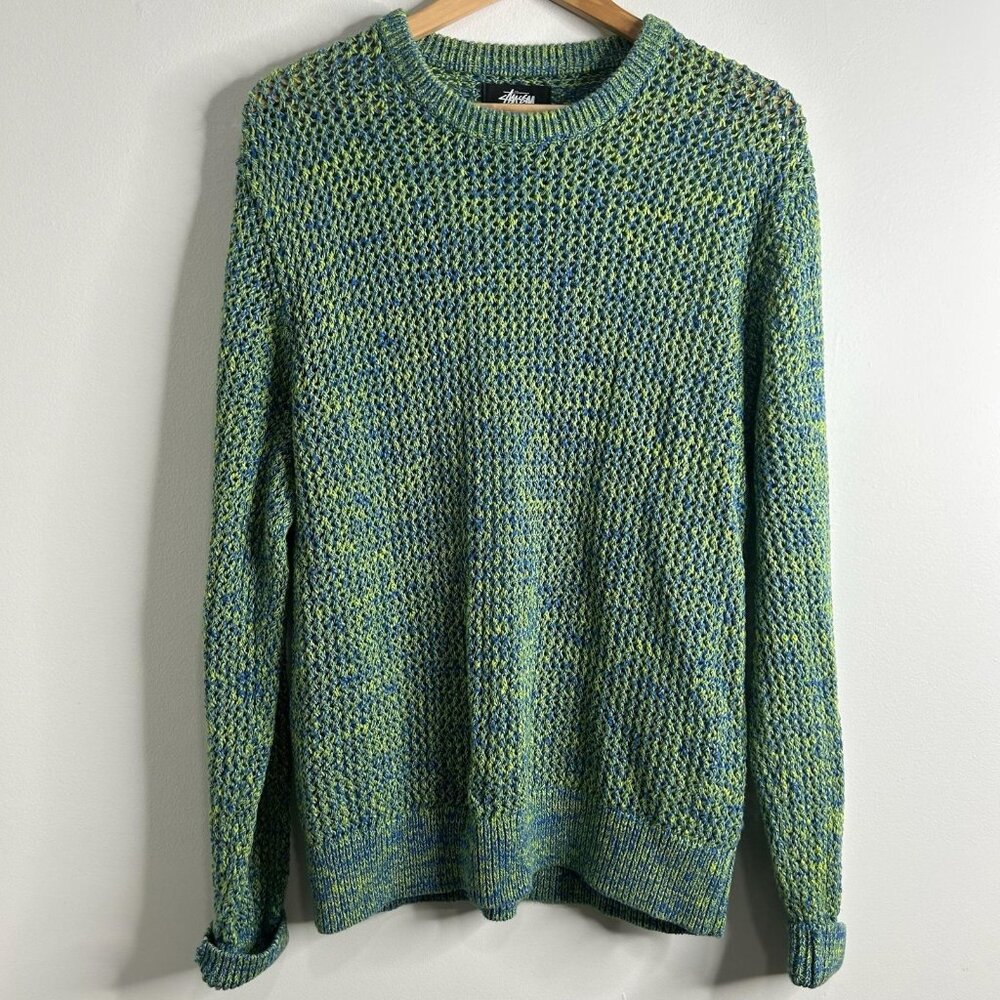 Stussy 2 Tone Loose Gauge Sweater Mens L Green Blue Marled‎ Waffle Chunky Knit